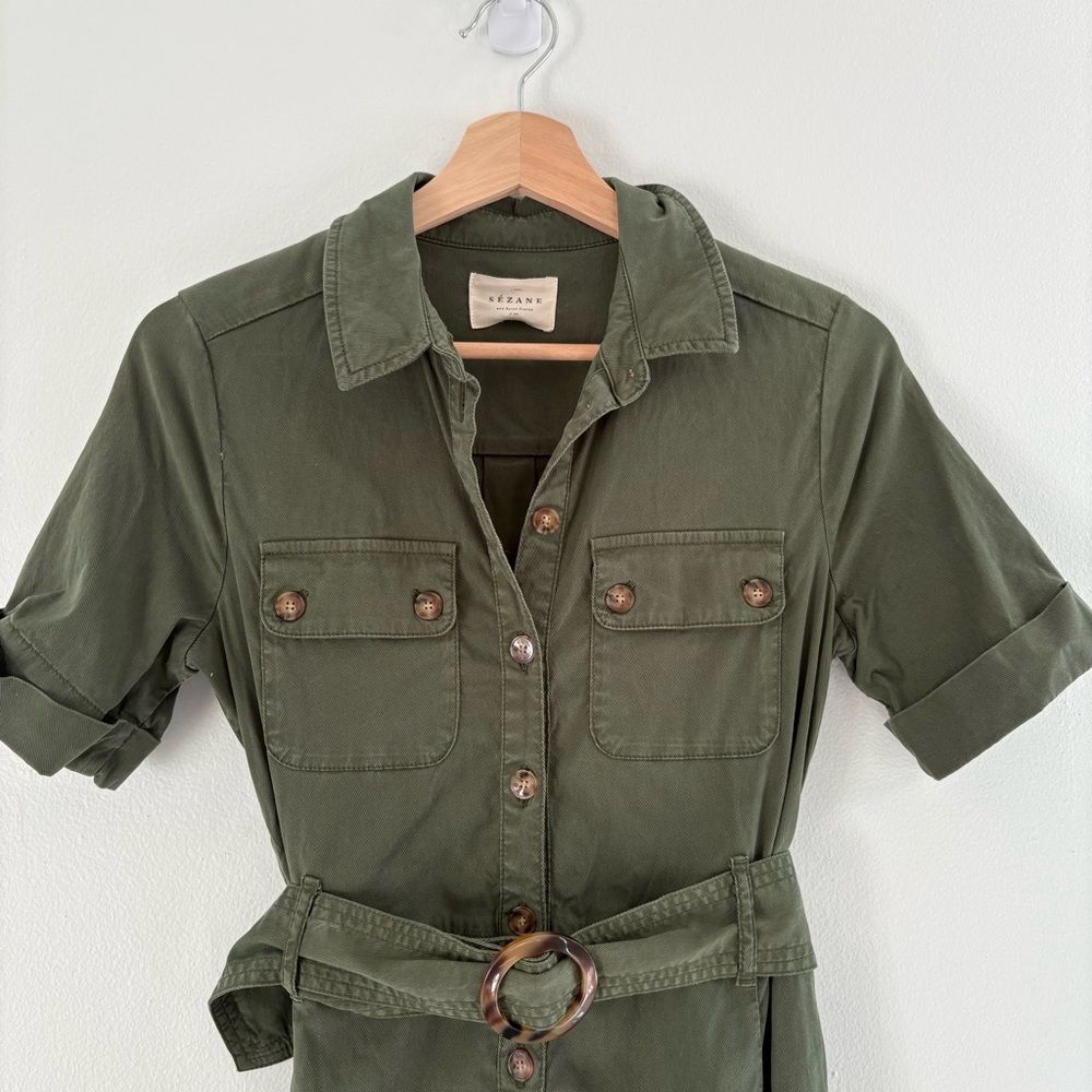 Sezane || Jeanette Dress Belted Button Front Midi Shirtdress Olive Green 34 US 2 - Picture 3 of 11